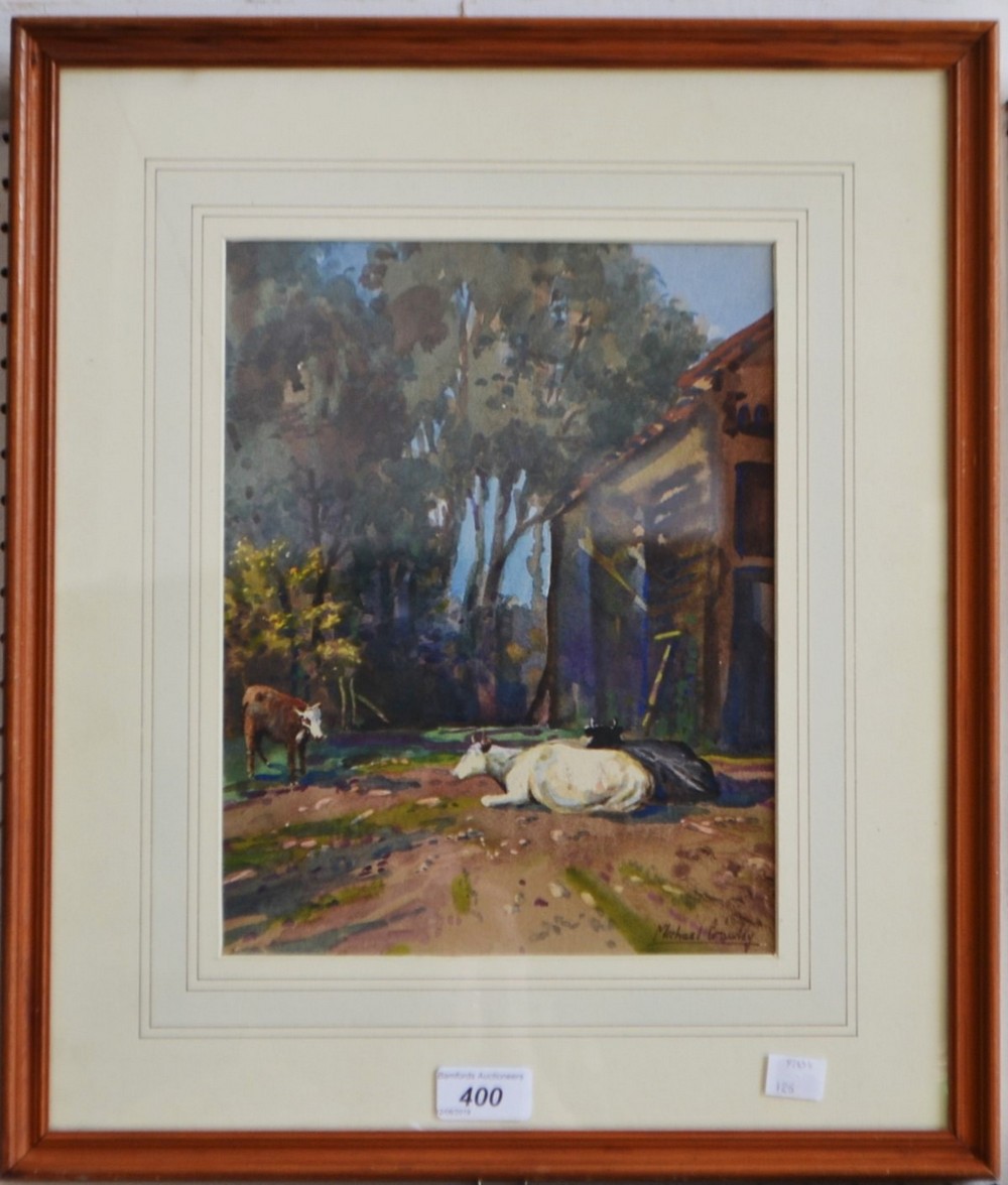 Michael Crawley A Corner of the Farm, Ingleby, Derbyshire signed, titled to verso, watercolour,