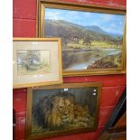 Pictures and Prints - a late 19th century watercolour, rural scene; a river scene print; another,