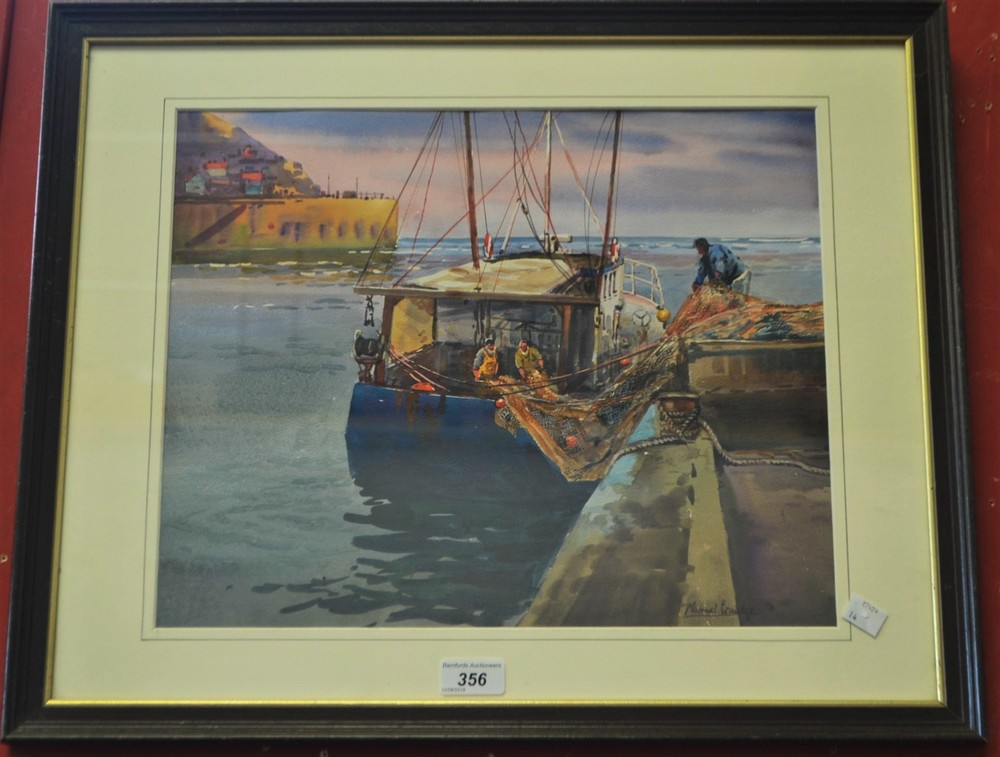 Michael Crawley Pulling in the Nets, Bamborough, Northumberland signed, watercolour,