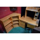 A contemporary office suite, comprising desk, shelving units,