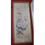 Chinese School Birds, Flowers and Verse red seal stamp, watercolour on silk,