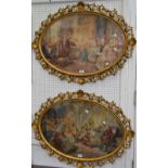 A pair of early 20th century oval openwork frames, shell and foliage, containing printed scenes,