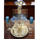 An ornate Victorian glass epergne, 49cm high (a/f); a pair of glass lustres,