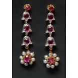 A pair of ruby and seed pearl floral drop earrings,