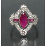 An Art Deco style ruby and diamond ring, central deep red marquise ruby approx 1.