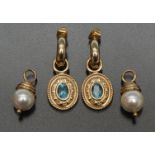 A pair of interchangeable blue spinel and cultured pearl droplet earrings.