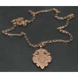 A 9ct gold shield fob pendant necklace, curbed oval link chain. stamped 9ct, 375, 12.