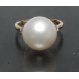 A south sea cultured pearl and diamond ring, single creamy white pearl, approx 12.