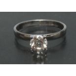 A diamond solitaire ring, round brilliant cut diamond approx 1ct, unmarked white metal shank,