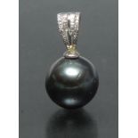 A Tahitian cultured pearl and diamond pendant, single deep metallic greenish black pearl, approx 13.
