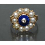 A diamond half pearl and enamelled ring, central old brilliant cut diamond approx 0.