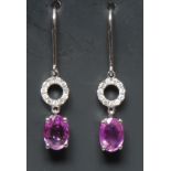 A pair of pink sapphire and diamond drop earrings,