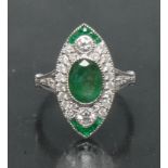 An Art Deco style emerald and diamond cluster ring, central oval emerald approx 1.