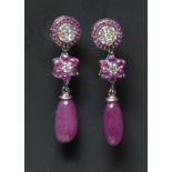 A pair of diamond, pink sapphire and ruby drop earrings,