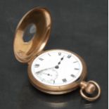 A George V 9ct gold half hunter gentleman's pocket watch, enamelled dial, bold Roman numerals,