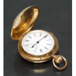 A late 19th century Swiss 18ct gold hunter cased chiming pocket watch, white enamel dial,