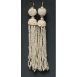 A pair of seed pearl fringe droplet earrings, beaded globular bodies,
