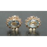 A pair of aquamarine and diamond cluster earrings, each with a central oval aquamarine approx 1.