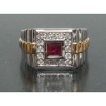 A ruby and diamond signet ring, central square cut red ruby approx 0.