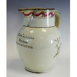A late 18th century creamware ovoid jug, inscribed Edw'd & Alice Byron, Manchester,