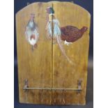 A Country House pine game rack, painted with pheasants and partridge, applied iron rail and hooks,
