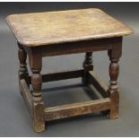 A 19th century oak stool, turned legs, block stretcher, 38cm high, 43cm wide,