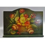 A 20th century arched rectangular menu stand, hand painted with peonies and flora in a basket,