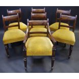 A set of seven Regency mahogany bar back dining chairs, including one carver, curved top rails,
