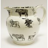A Victorian wildlife transfer printed jug, printed in black with cats, cows, sags, frogs, lions,
