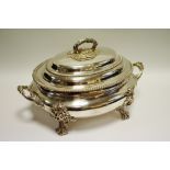 A 19th century silver plated two handled tureen and cover, domed cover, vine handle, gadrooned rim,