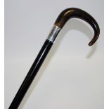 A George V silver mounted ebonised walking cane, curved horn handle,