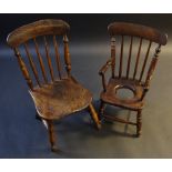 A late 19th century child's elm kitchen chair, spindle back, H stretcher, turned legs, c.