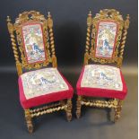 A pair of Carolean chairs, foliated carved and pierced top rail, turned finials,