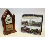 An American mantel clock; postcards,