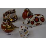 A Royal Crown Derby paperweight, Robin, gold stopper; others, Frog, Pig, Bird,