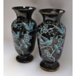 A pair of 19th century enamelled glass vases, decorated with birds amongst blossoms, 30.