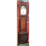 An oak and mahogany longcase clock, 32cm arched painted dial, the case with a swan neck pediment,