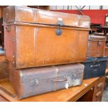 A large painted metal travelling trunk; a metal hat box similar; a document box,