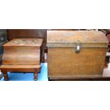 A Victorian mahogany commode with chamber pot and cover; a domed metal travel trunk;