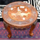 A Indian carved hardwood and marquetry stool/jardiniere stand, inlaid with female goatherd, 29.