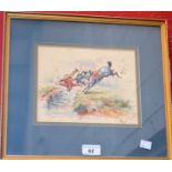 English School The First Ditch, huntsman falling from horse monogrammed LE88, watercolour,