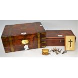 A brass bound writing slope; a boxwood inlaid work box; sovereign case; silver inlaid prayer book,