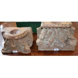 An Indian hardwood architectural fragment, carved as a Corinthian capital, 27cm wide,