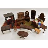 Dolls house furniture - an oak four poster bed; another Gothic double, inlaid chest of drawers,