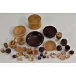 Treen - hand carved miniature dolls and accessories, inc two egg dolls, goblets, bowls, vases,