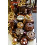 Treen - various storage jars & covers; brass mounted barrel shaped ice bucket;