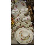 A Royal Crown Derby Posies pattern tea set, including large teapot, biscuit barrel, tea caddy,