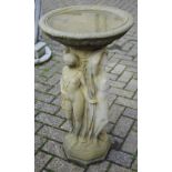 Garden Statuary - an English Stone inc quartz bird bath, the column in relief with the Three Graces,