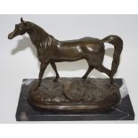 French School, a brown patinated cold cast sculpture, of an horse, veined marble base, 22cm high,