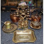 Metalware - E.P.N.S candelabra, butter dish, cake stand, two Victorian copper kettles.